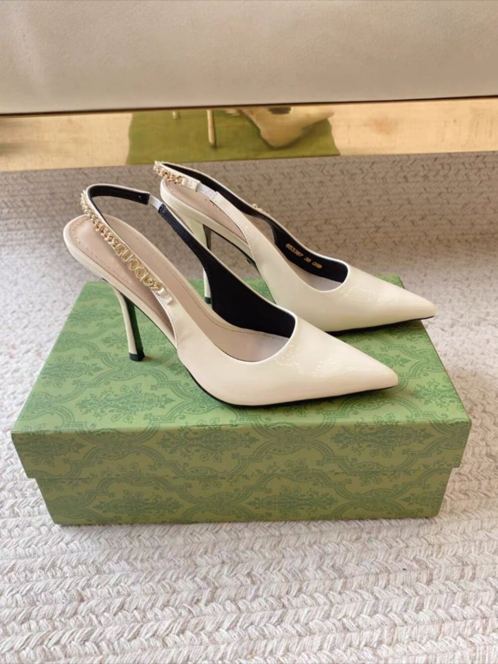 GUCCI Cream Logo Chain Slingback Heels